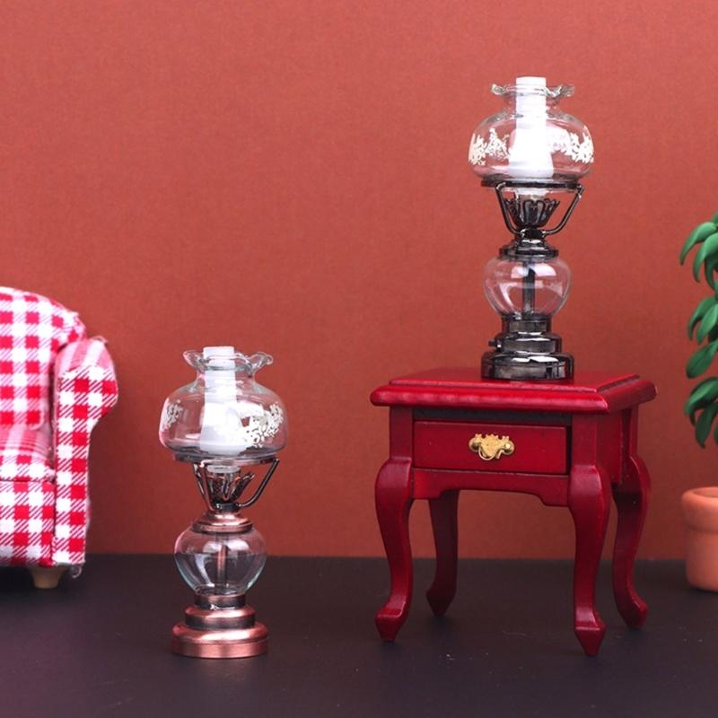 Kerosene Bedroom Table Lamp Miniature Furniture Model Doll Houses Accessory Realistic Lighting Toy Playset 1:12