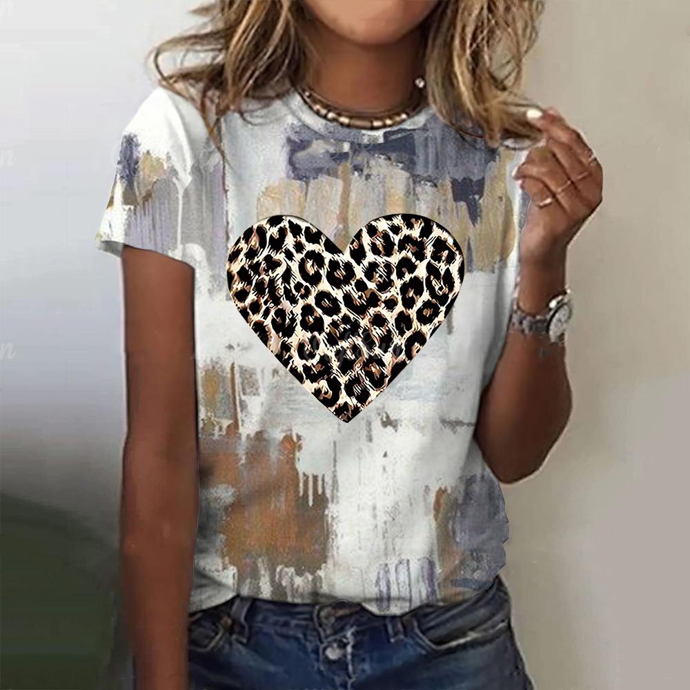 Módní leopardí trička Vzor srdce lásky 3D potisk Dámské tričko s krátkým rukávem a kulatým výstřihem Y2k Harajuku Tees Topy Dámské oblečení