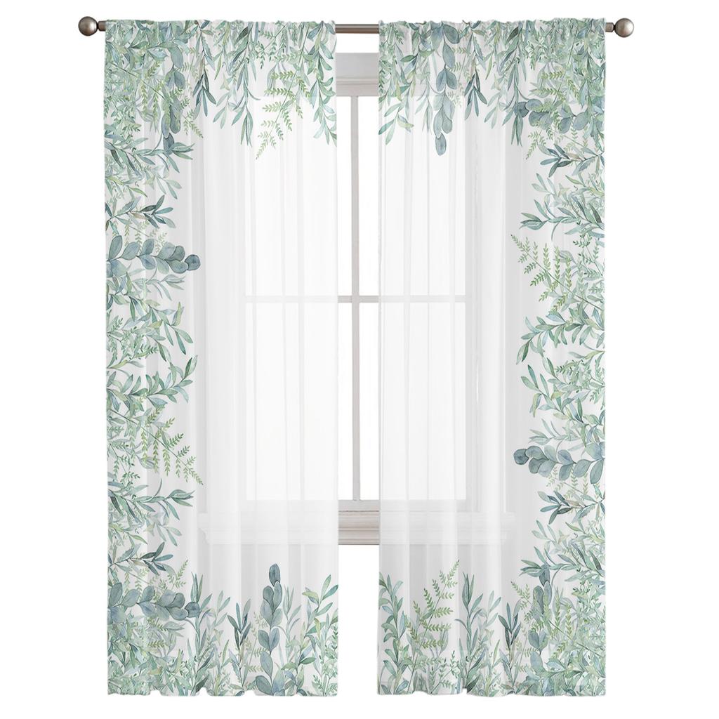 Watercolor Eucalyptus Leaves Abstract Window Curtains Sheer Chiffon Tulle Curtain Home Living Room Backdrop Decoration