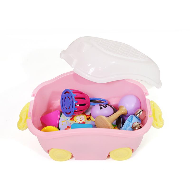 

Cartoon Baby Toy Set: Plastic Storage Box, Xylophone, Rattle, and Hand Drum