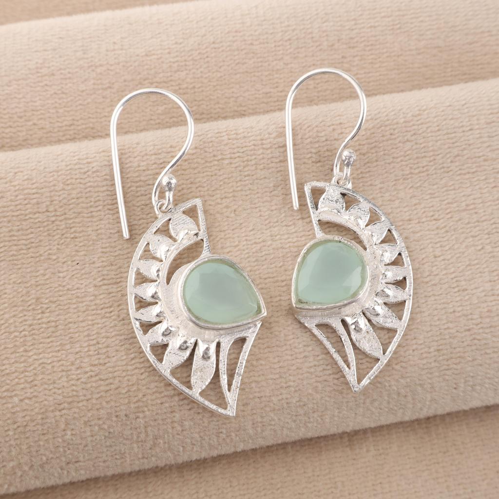 Aqua Chalcedony Gemstone 925 Sterling Silver Earring 1.5" Women Jewelry For Thanksgiving Gift CE-26-20