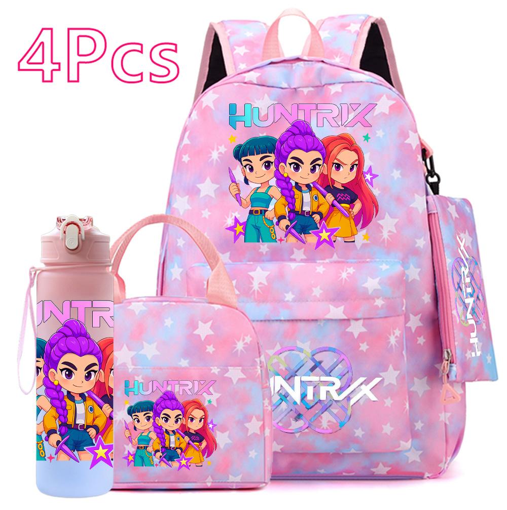 4Pcs/set Anime Cute K-POP Printed Backpack Large Capacity Bookbag HandBag Case Bag with 750ml Water Bottler Boy Girl SchoolBag Waterproof Mochila
