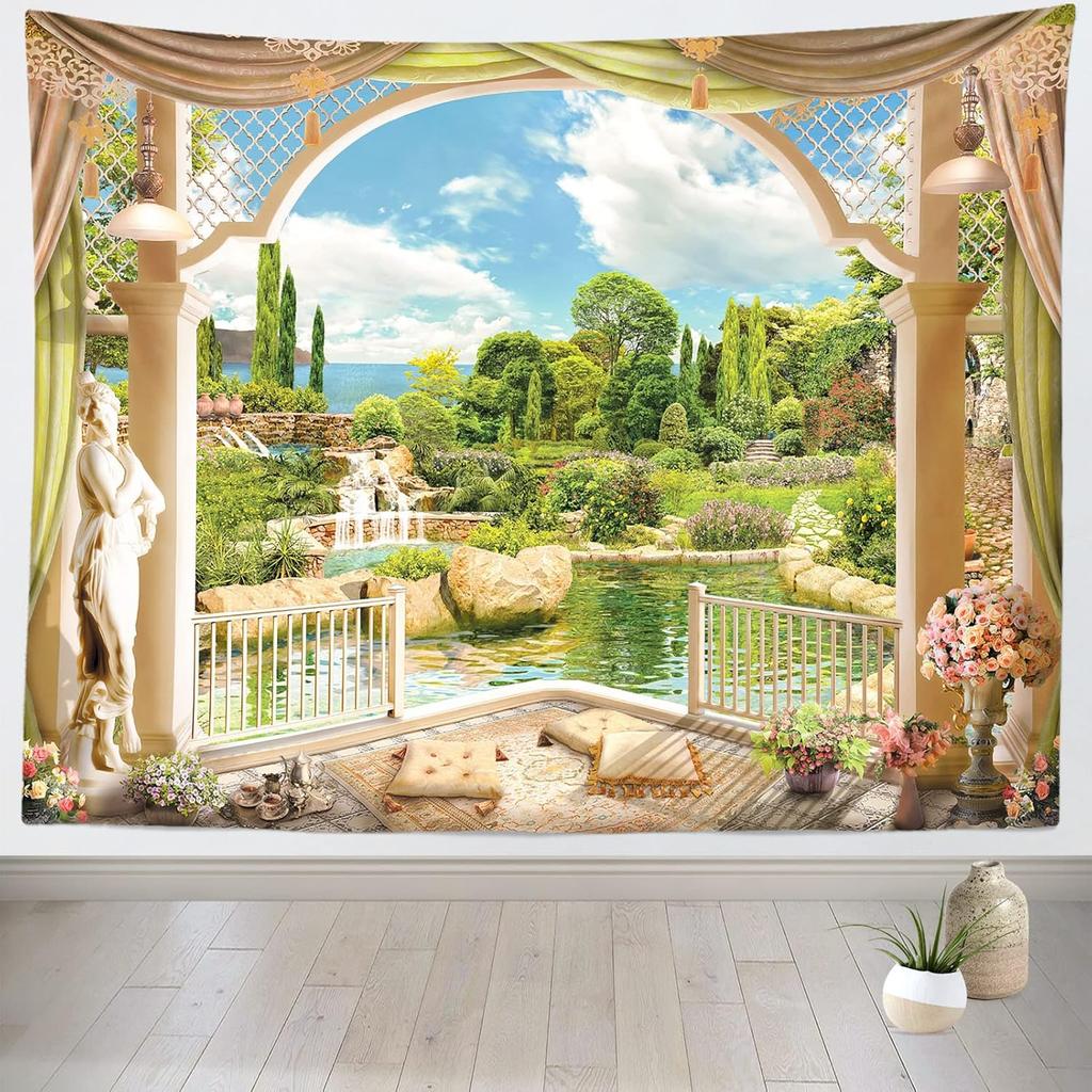 European Palace Garden Tapestry Hanging Fairy Castle Mountain Waterfalls Nature Tapestry Vintage Columns Floral Arch Scenery