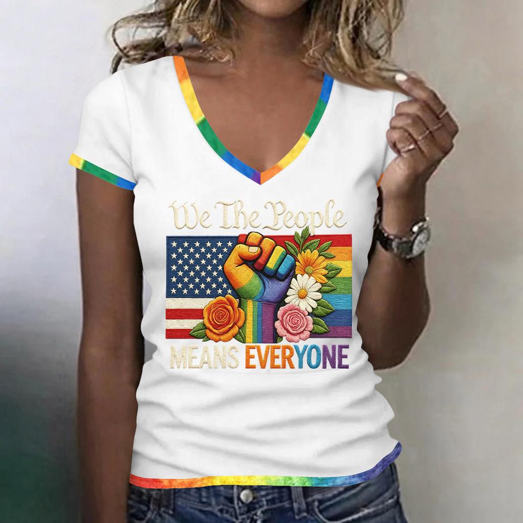 Women Casual V Neck Short Sleeve T Shirt Patriotic Print 250th Anniversary Independence Day Tee Top Lightweight Soft Fabric