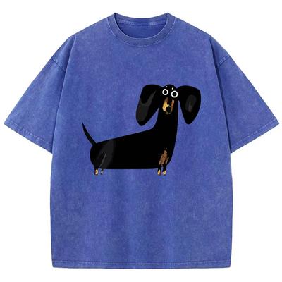 Funny Dachshund Dog Printing Washed T-Shirt Women Cotton T Shirts O-Neck Oversized Acid Wash Tops Summer Clothes