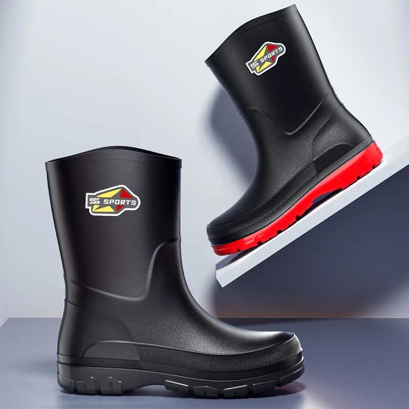 Men's Mid-Calf Rain Boots Pure Black Fishing Boots Slip-Resistant Large Size 39-48 Waterproof Rubber Shoes Eco-Friendly