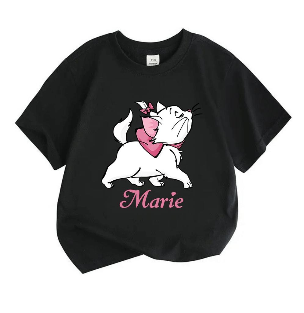 Kids Boys Girls Crew Neck Short Sleeve 100% Cotton T-Shirt, Cute White Cartoon Cat Print Casual Soft Breathable Summer Tee for Daily Wear School Holid