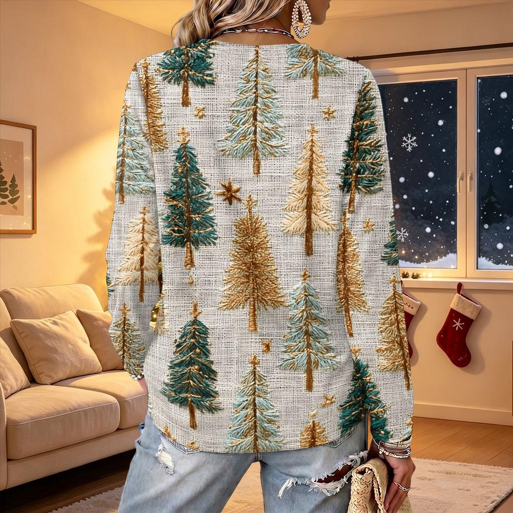 Women's V-Neck Long Sleeve Christmas Print Lightweight Blouse for Spring and Summer