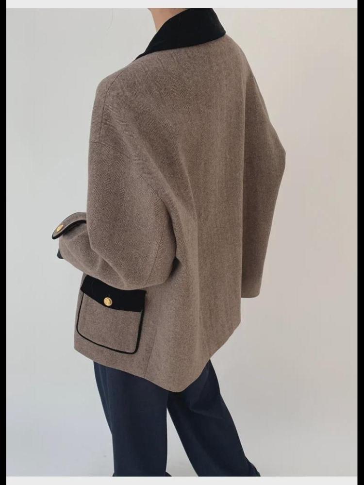 Autumn Winter Fashion Womens Woolen Twill Velvet Jacket Coat with Contrast Stitching