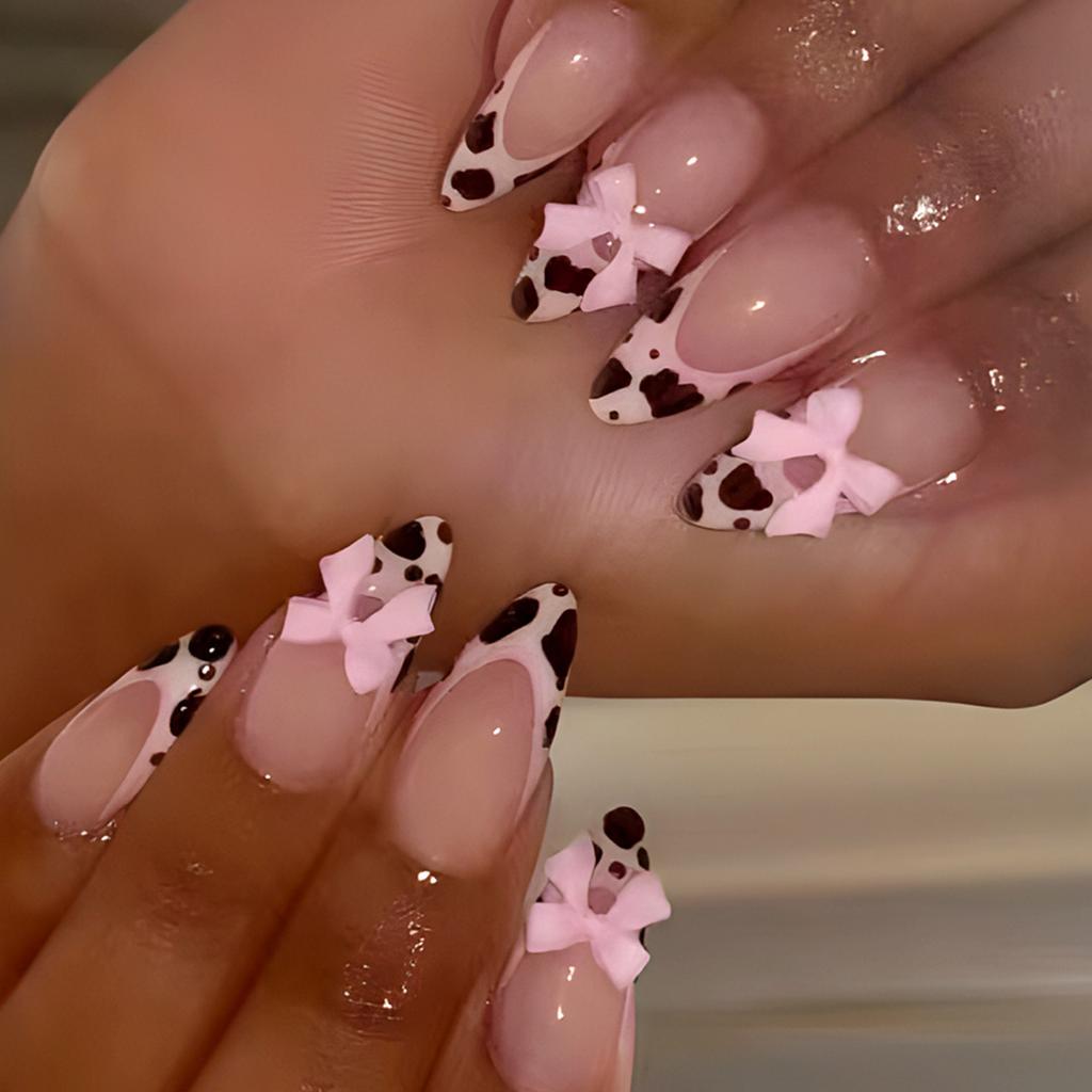 3D Bows Full Cover Stick On Nails French Tip Press On Nails Almond Artificial Nails False Nails with Leopards Designs