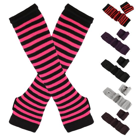 1 Pair Striped Half Finger Arm Covers Women Crochet Knitted Arm Wrist Gloves Hand Warmer