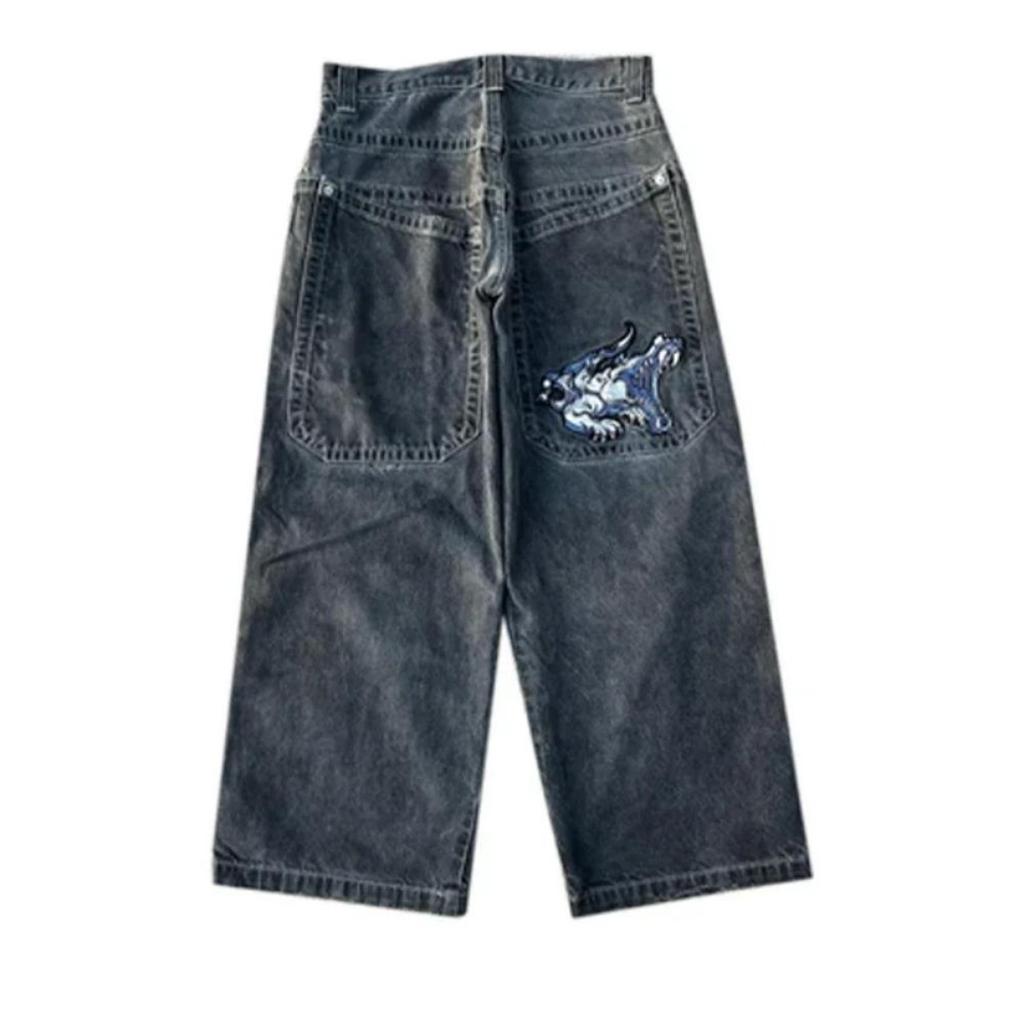 ZYLLO Y2K Jeans Goth Printed Graphic Bargy Jeans Fashion Hip Hop Streetwear Harajuku Casual Wide Leg Jeans