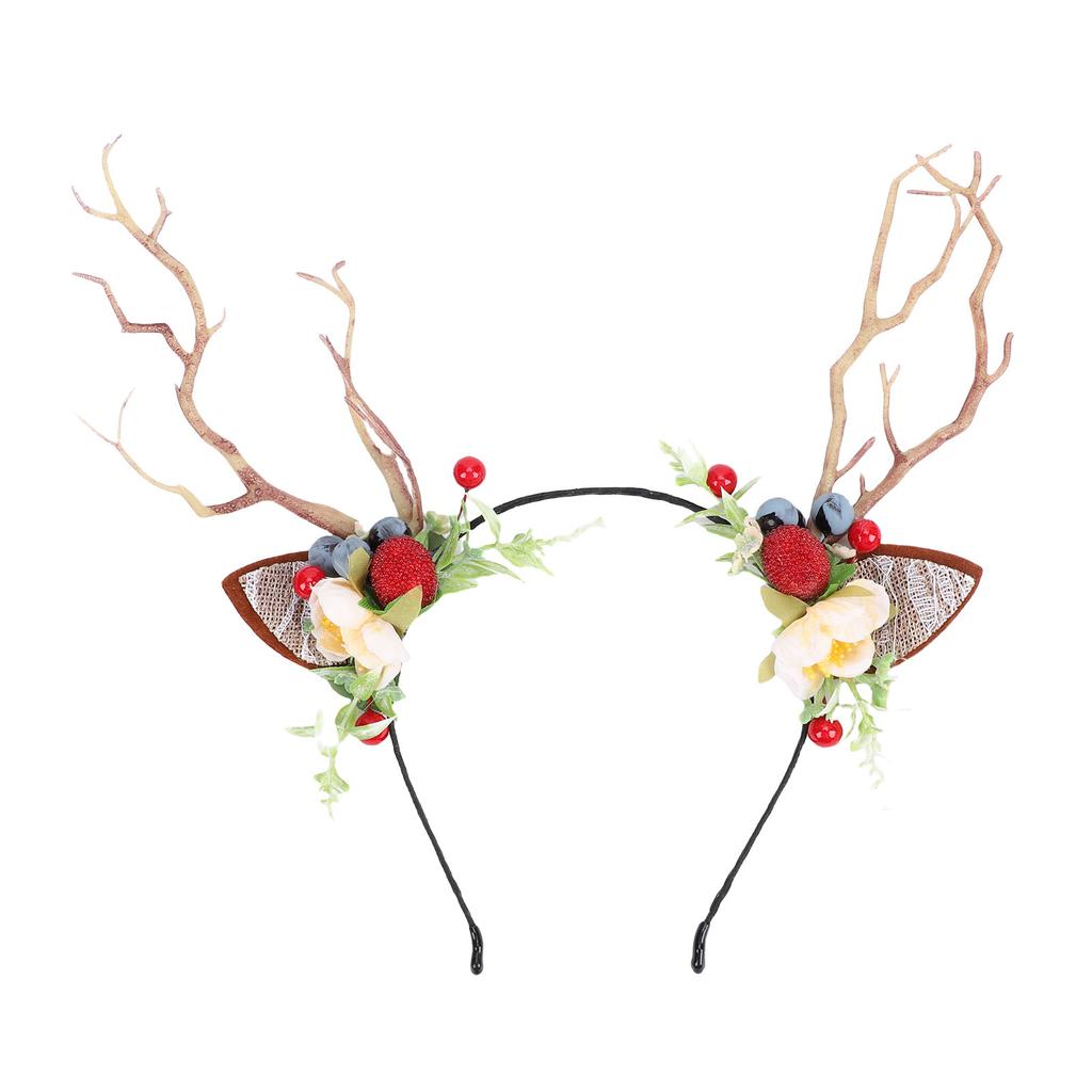 Deer Antler Flower Crown Headband Fairy Flower Reindeer Cosplay Headdress with Lace Ears Blueberry Berry Tree Branch