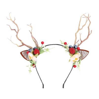 Coroa de Flores de Chifres de Veado Tiara Flor Fada Rena Cosplay Adorno de Cabeça com Orelhas de Renda Galho de Árvore de Frutos de Mirtilo