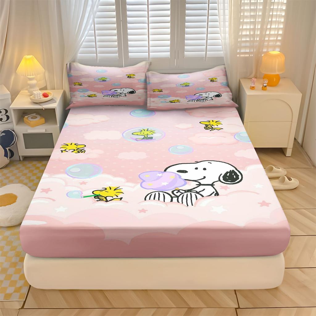 Snoopy  With Pillowcase Fitted Sheet 3D Children'S Bedding Set  Polyester 2/3Pcs Comforte Bed Cover Full Set