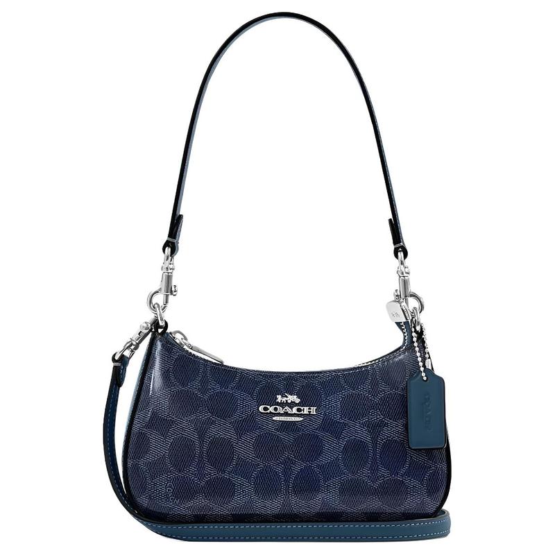 COACH 19 signature logo leather shoulder bag small women blue синий