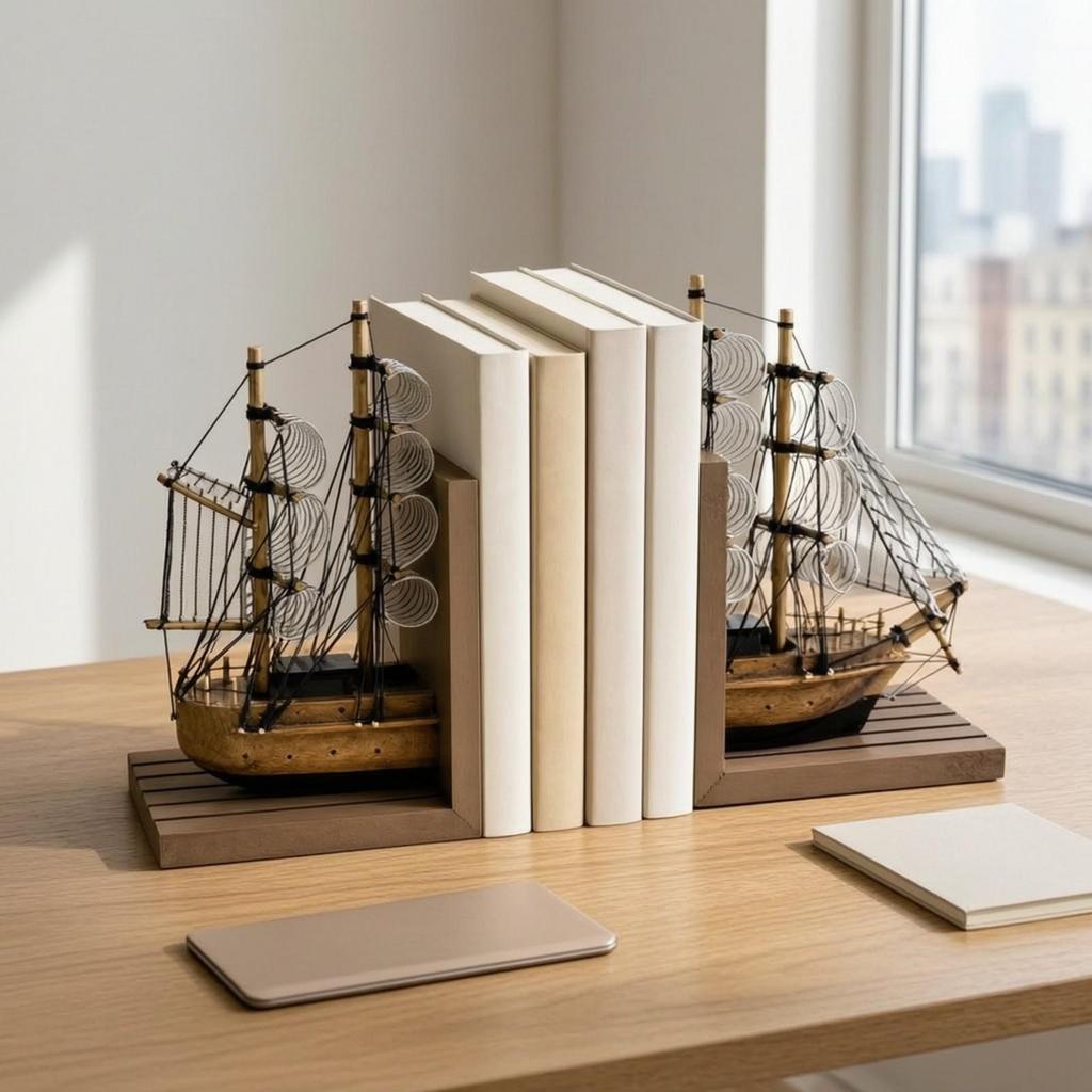Wooden Bookend with Canvas Sails Sturdy for Bookshelf