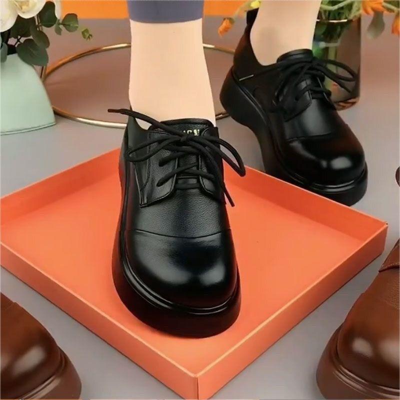 

Весна и Осень новая мягкая кожа одинарная обувь женская обувь круглый носок мягкая подошва шнуровка глубокий вырез обувь для мамы среднего возраста универсальная и удобная 34 чёрный