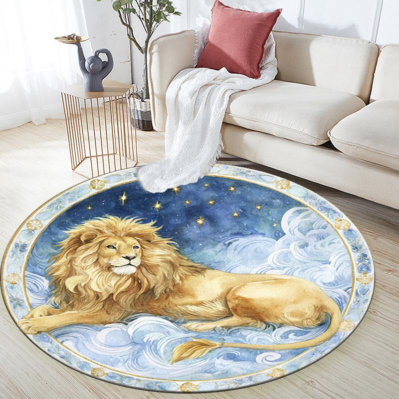 Lion Waves Stars Round Area Rug,Carpet Rug for Living Room Bedroom Sofa Playroom Decor,Non-slip Floor Mat