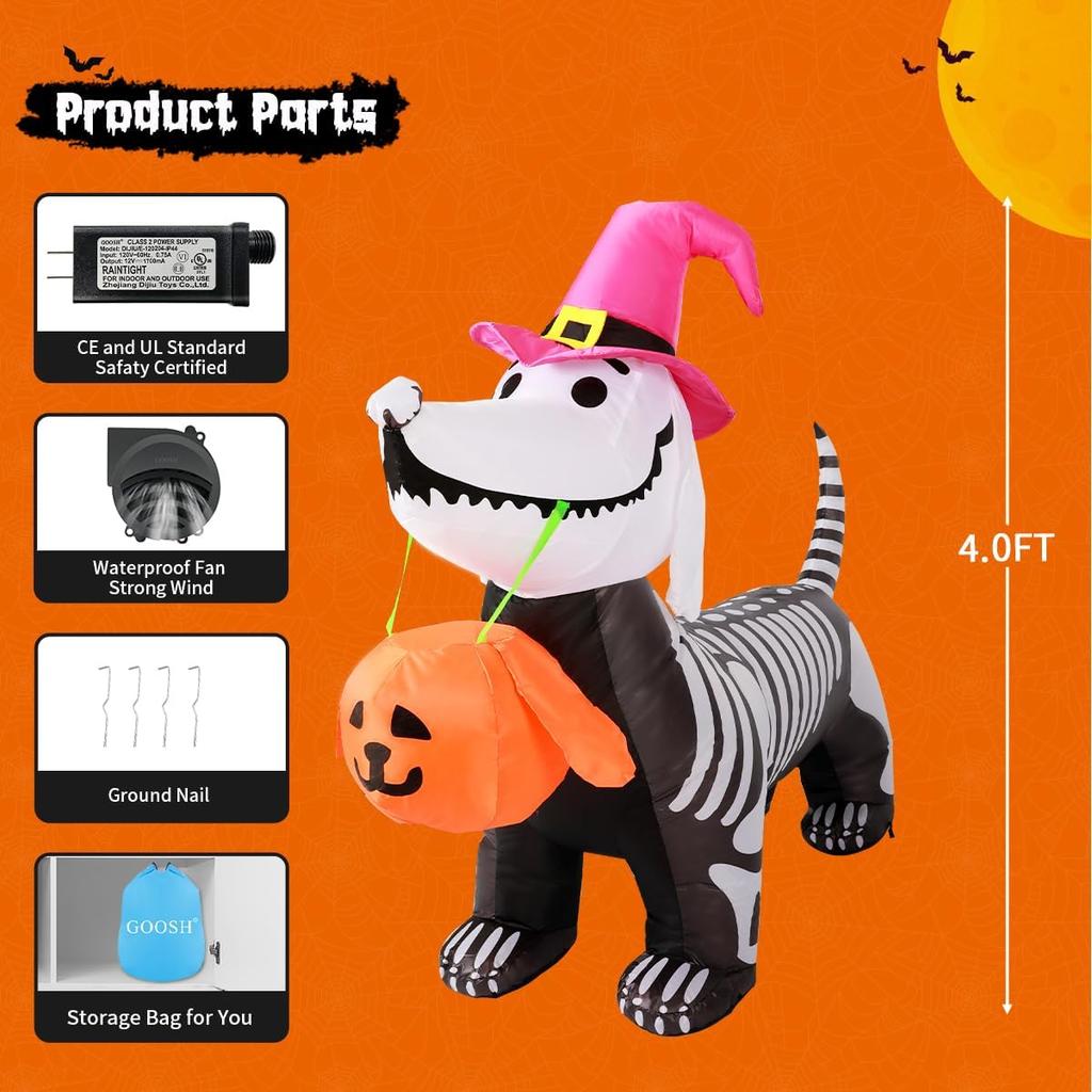 US specification GOOSH 5.5 FT Halloween Inflatables Outdoor Decorations Skeleton Puppy with Build-in LEDs Blow Up Pumpkin for Yard Garden Party