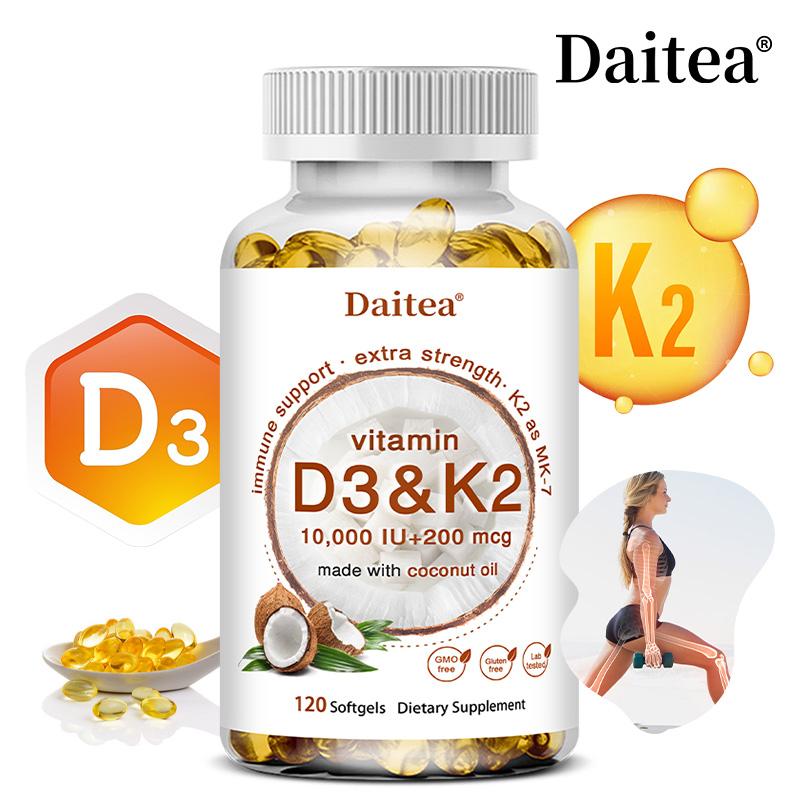 Daitea Vitamin D3 & K2 10,000 IU + 200mcg MK-7 with Coconut Oil, Extra Strength, 120 Softgels
