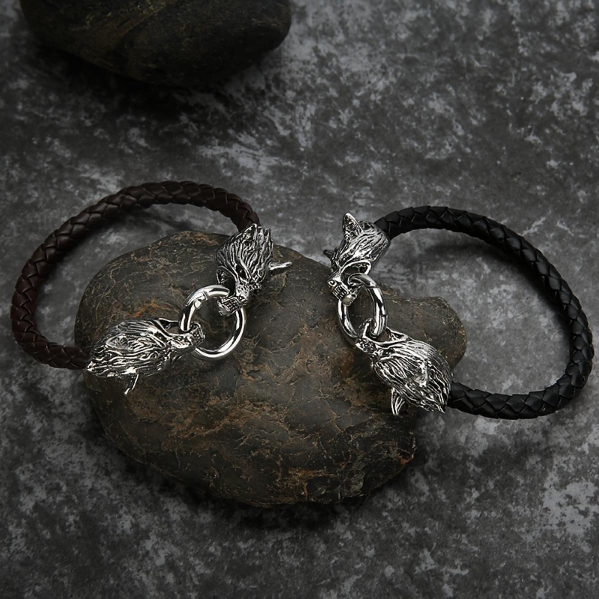 

Классический Модный Властный Браслет из Кожи Плетения с Головой Скандинавского Волка Мужские Хип-Хоп Рок Вечеринка Ювелирные Изделия коричневый