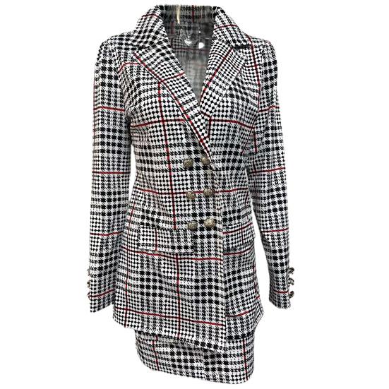 2 Pcs/Set Coat Skirt Set Flower Check Print Color Matching Long Sleeve High Waist OL Style Formal Commute Suit Lady Jacket Skirt Set