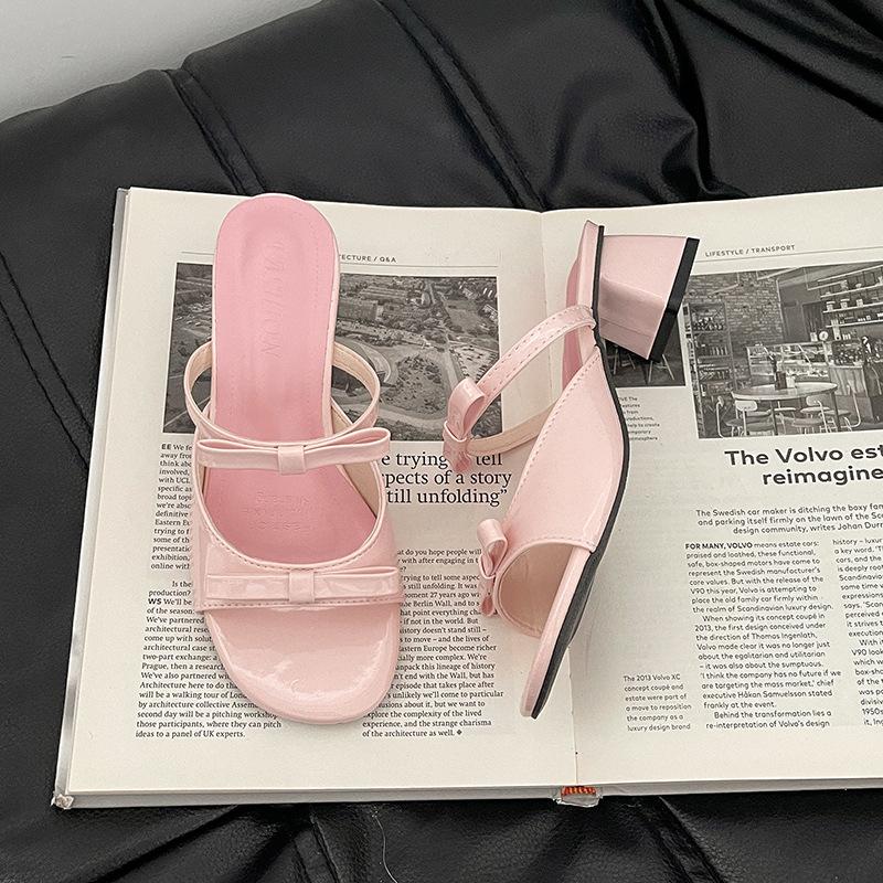 Fashion retro high-heeled cool slippers design sense bow one-word slippers women's summer casual wear French sandals
