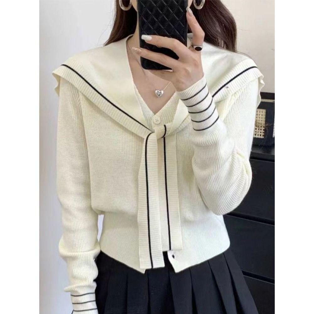 

Chic Navy Collared Cape Knit Cardigan for Women - Autumn/Winter Slim Fit One Size