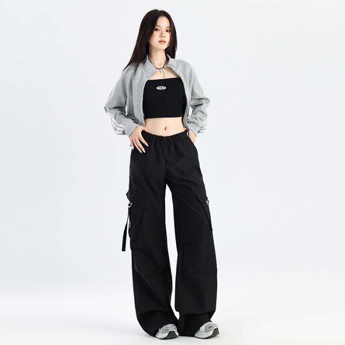 

Повседневные брюки с высокой талией, широкие брюки для женщин на осень, рабочие брюки American Street с эластичной талией для женщин на осень, свободные прямые брюки XL чёрный