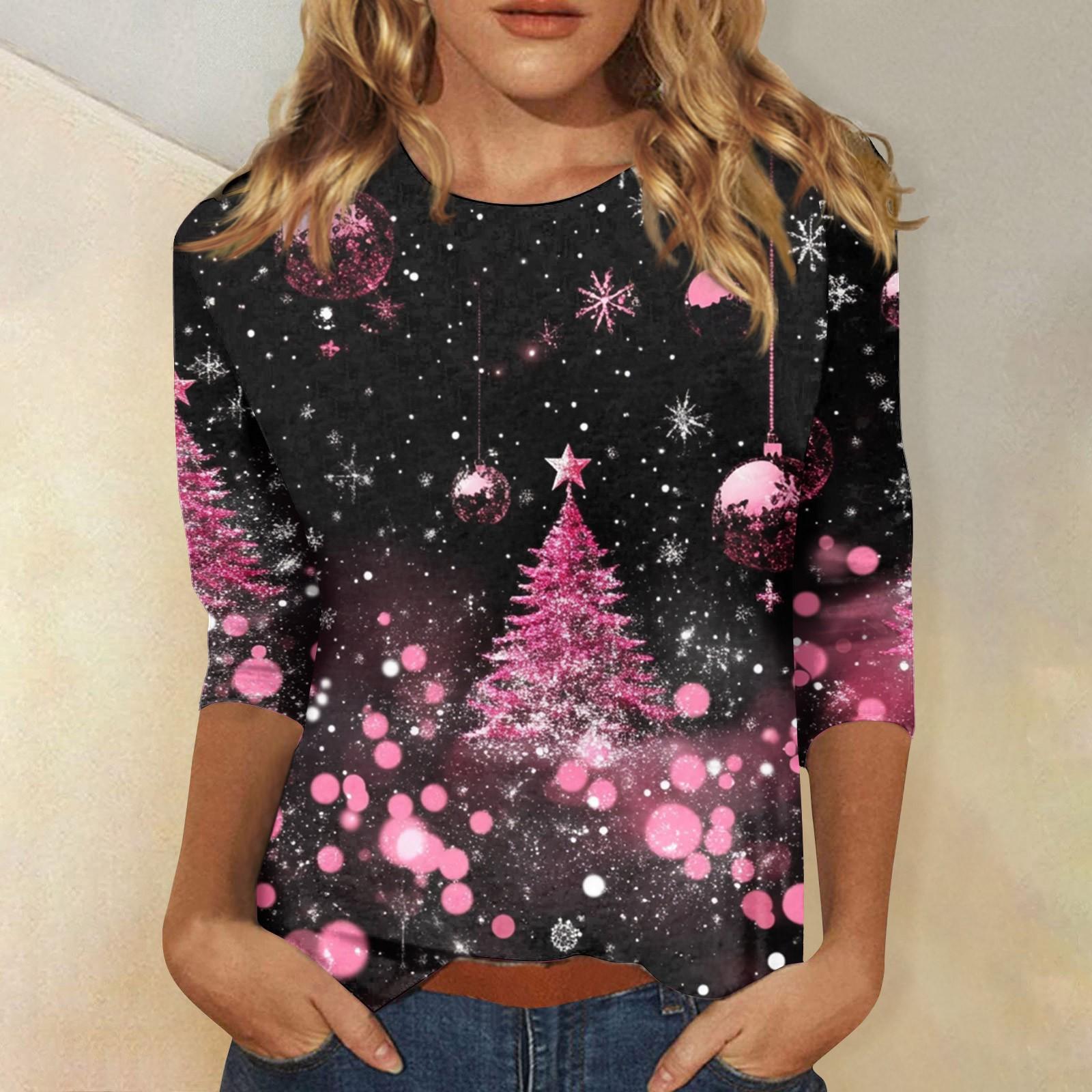 Женская повседневная свободная футболка с круглым вырезом и рождественским принтом — фото 4