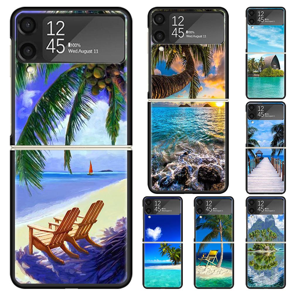 Sommer Strand Sonnenuntergang Meer Palme Harte PC Handyhülle Für Samsung Galaxy Z Flip 6 5 4 3 Schwarze Hülle ZFlip6 Flip5 Flip4 5G Faltbar