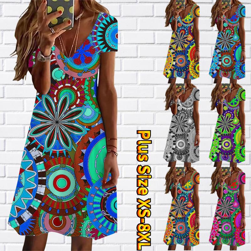 

Новый дизайн, платье с принтом, летняя повседневная элегантная юбка с короткими рукавами, женская сексуальная юбка длиной до колена, тонкая юбка с v-образным вырезом XS-8XL