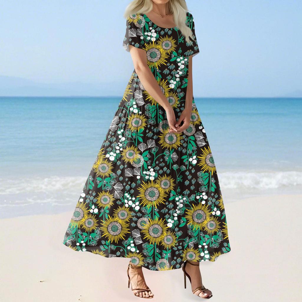 Damen Sommer Casual Blumendruck Kurzarm O-Ausschnitt Hohe Taille A-Linie Stufen Fließendes Boho Maxikleid