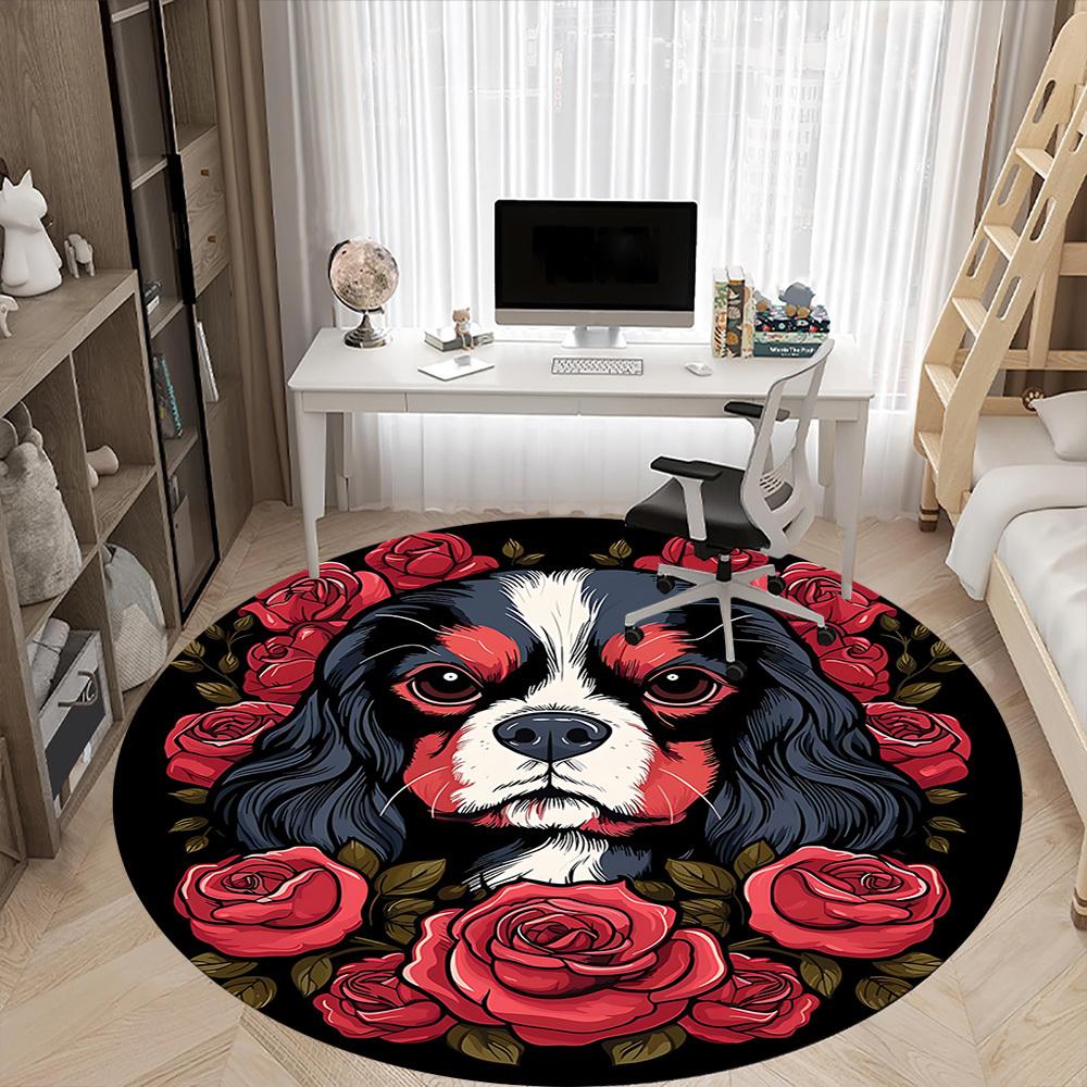 1pc Dog Rose Pattern Chair Carpet for Office, Round Non Slip Durable Large Size Office Carpet, Suitable for Office
