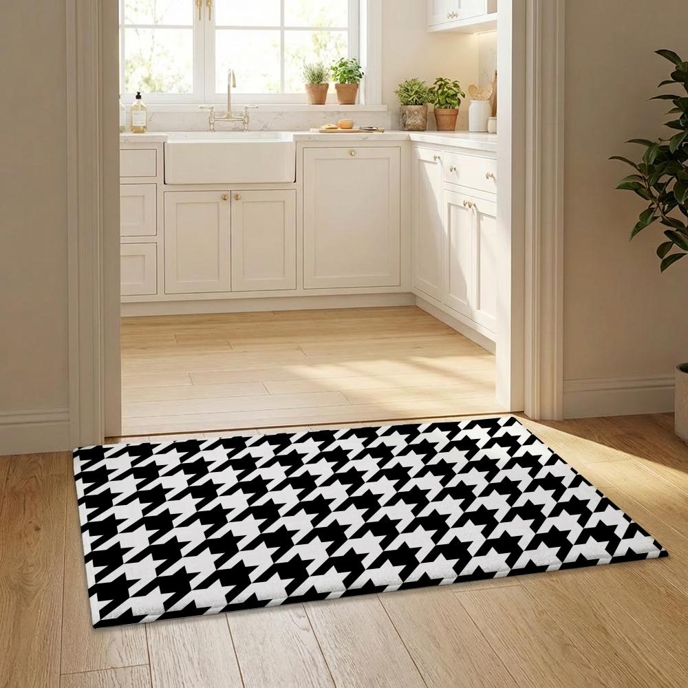 Houndstooth Check Pattern Floor Mat Flannel Door Mat Non-Slip Bedroom Living Room Home Decor