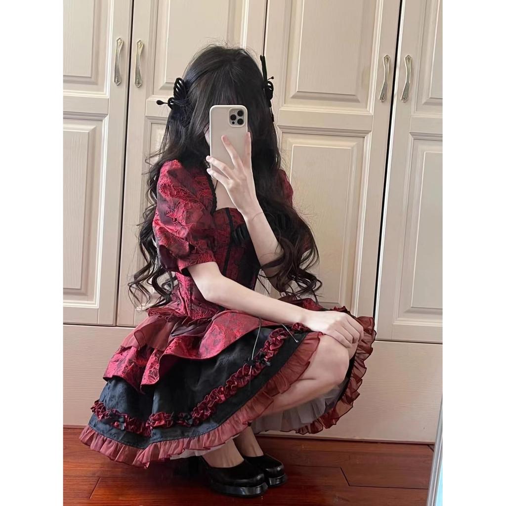 Toku and Yuu Lolita Dress Set Red and for Mori Girl Gothic Lolita Princess Perfect for Tea and Parties 3-Piece (Mini Skirt, Camisole, Black) Women,