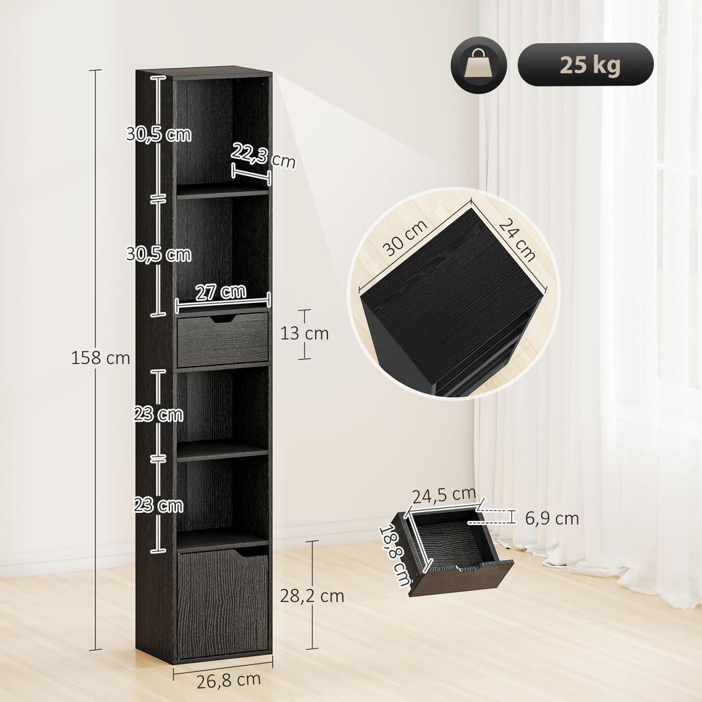 Bookcase, Storage Unit, Drawer, Cupboard, Open Compartments, 30 x 24 x 158 cm, Black