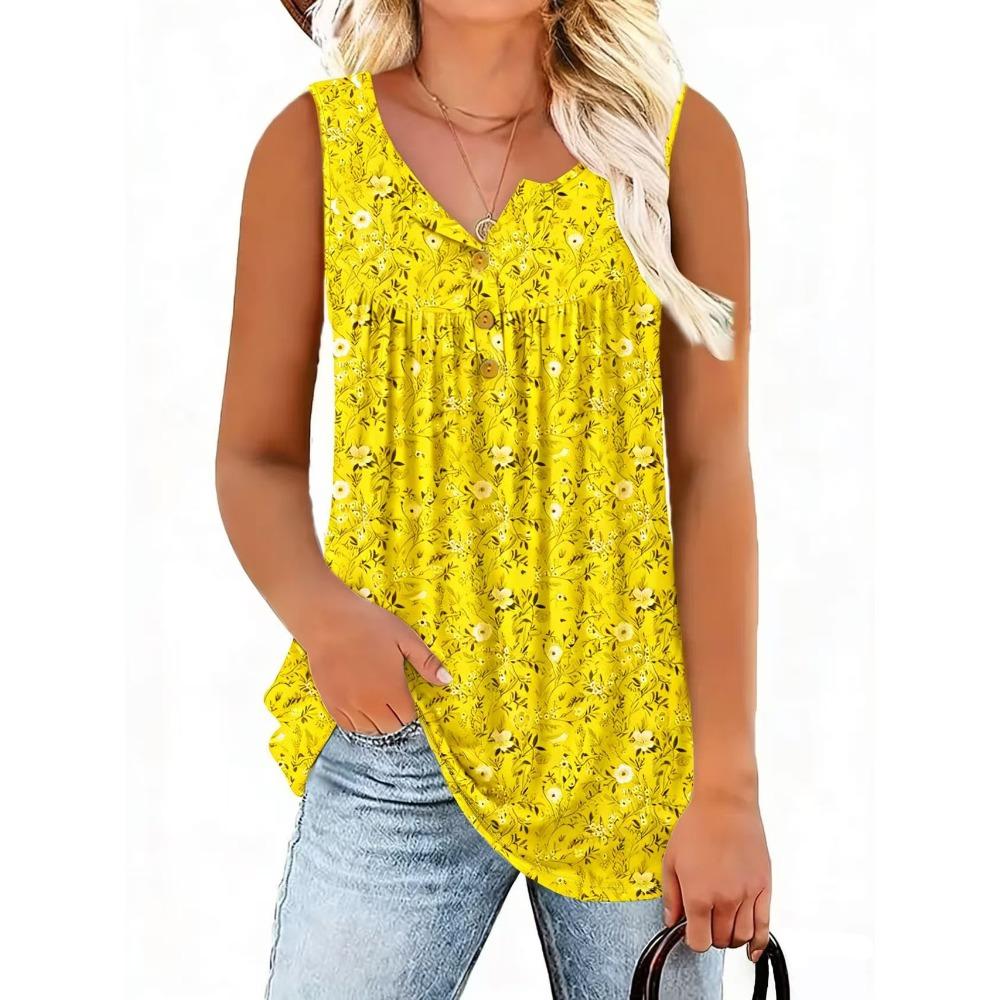 Canotta da donna senza maniche con scollo Henley floreale, vestibilità regolare, stile casual, camicetta estiva
