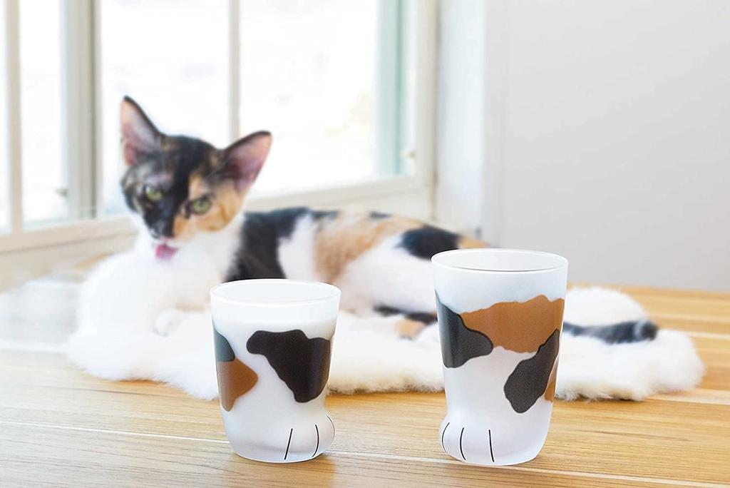 Coconeco Coconeco Glasses Set of Pink Paw Cup On the Bottom Cat X Wooden Coaster Set B Comes In a Craft Box Gift Present In (300ml / 4) (Parent Type)