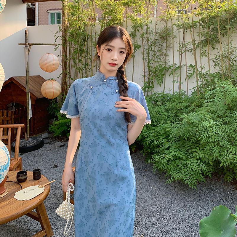 145 Shorty Republic Style New Chinese Cheongsam Dress: Women's Waist-Slimming A-Line Mid-Length XS for a Taller Look - Perfect for Summer
