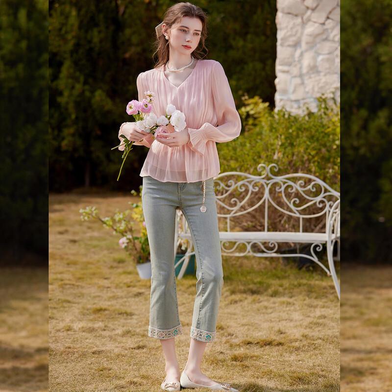 Women's French Style V-Neck Ruffle Blouse