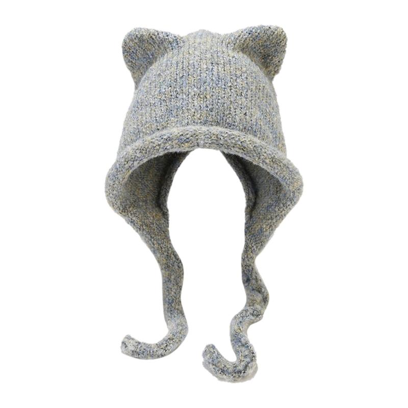 Unisex Solid Color Crochet Hat Cat Kitten Ear Shape Hat Warm Fluffy Winter Crochet Warm Skiing Supplies for Adult Teens