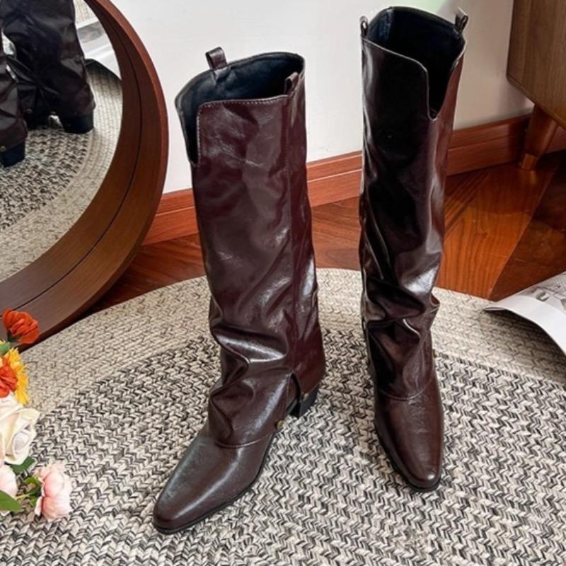 Fashion Fashion Pointed Toe Mid Heels Women's Long Boots 2025 Designer Elegant Winter Shoes Dress Pumps New Leather Knee Botas De Mujer