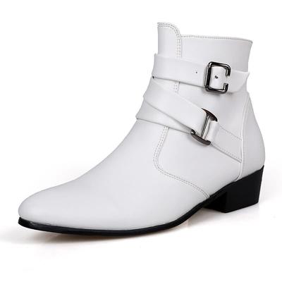 Fashion Luxury Men Boots Leather Chelsea Boots High Top Buckle Strap Formal Shoes Black British Style Ankle Boots Pointed Toe White Boot