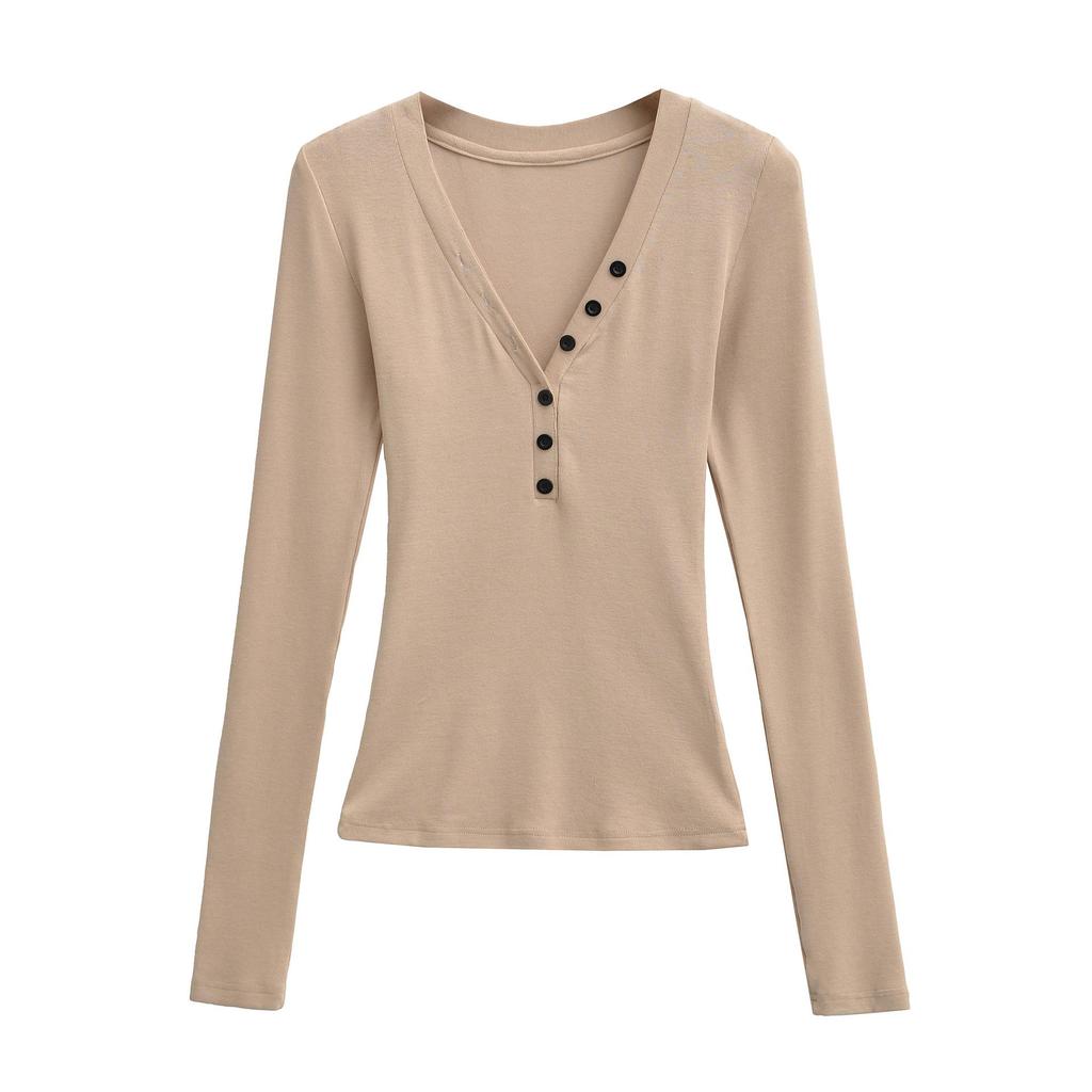 Spicy Lazy Girl V-neck Button Long Sleeve Women's Autumn/Winter Base Layer Elastic Fit T-shirt