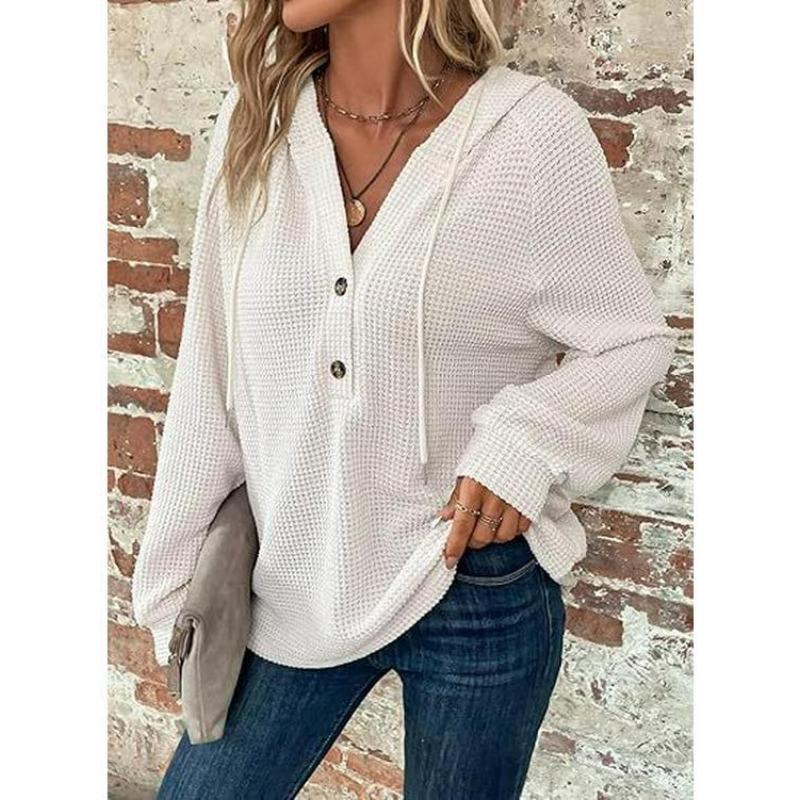 

Женская толстовка с капюшоном из вафельной ткани с V-образным вырезом и пуговицами на завязках, с длинным рукавом S