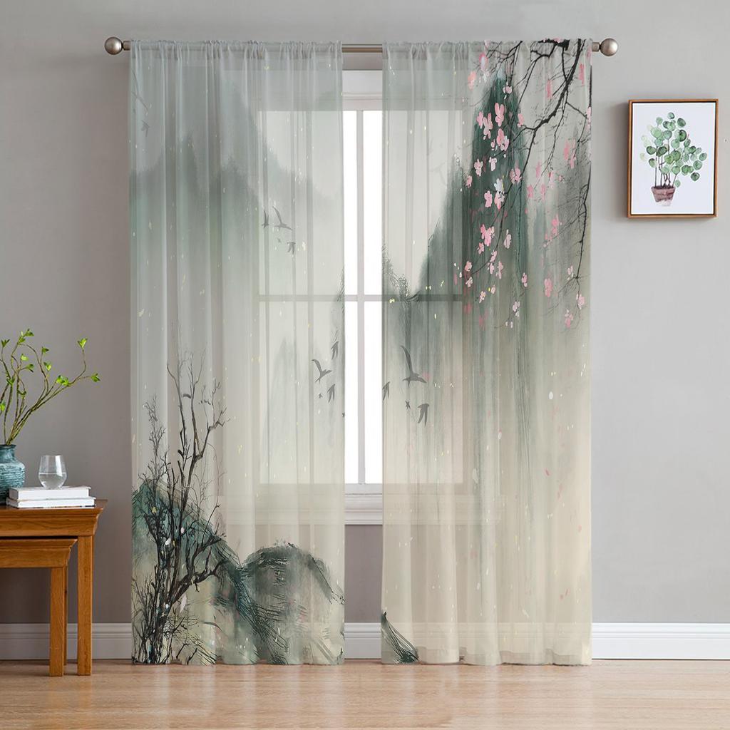 Landscape Ink Painting Chinese Style Sheer Tulle Window Curtains For Living Room Bedroom Kitchen Veiling Curtain Home Decoration