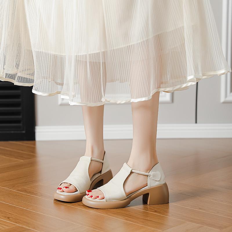 Soft Leather Edition~ French Retro Platform Heel Soft Leather Sandals Women's Summer Simple Velcro Commuter Open-toed Roman Shoes