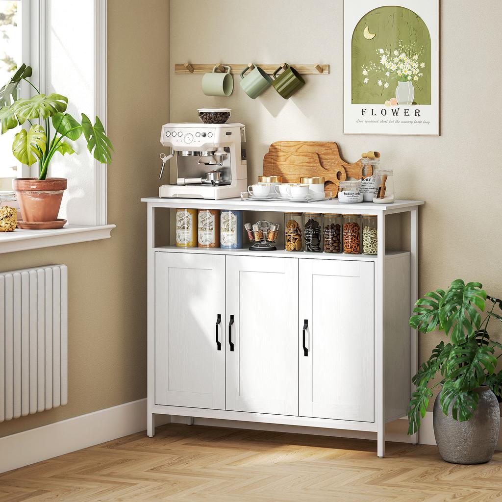 Industrial Kitchen Sideboard with Open Shelf, 2 Cabinets, Adjustable Shelves for Living Room, Dining Room, White